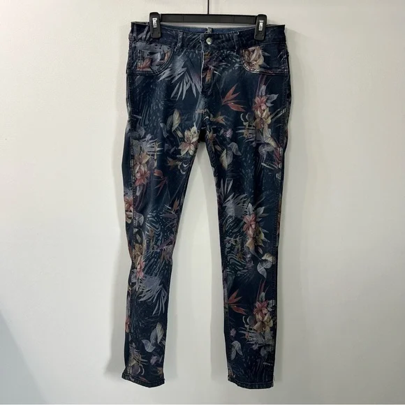 Tempo Paris Blue Floral Reversible Denim Skinny Jeans Cotton Blend Large - Picture 13 of 16